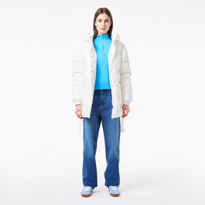 Женский короткий пуховик Lacoste с поясом и высоким воротом
