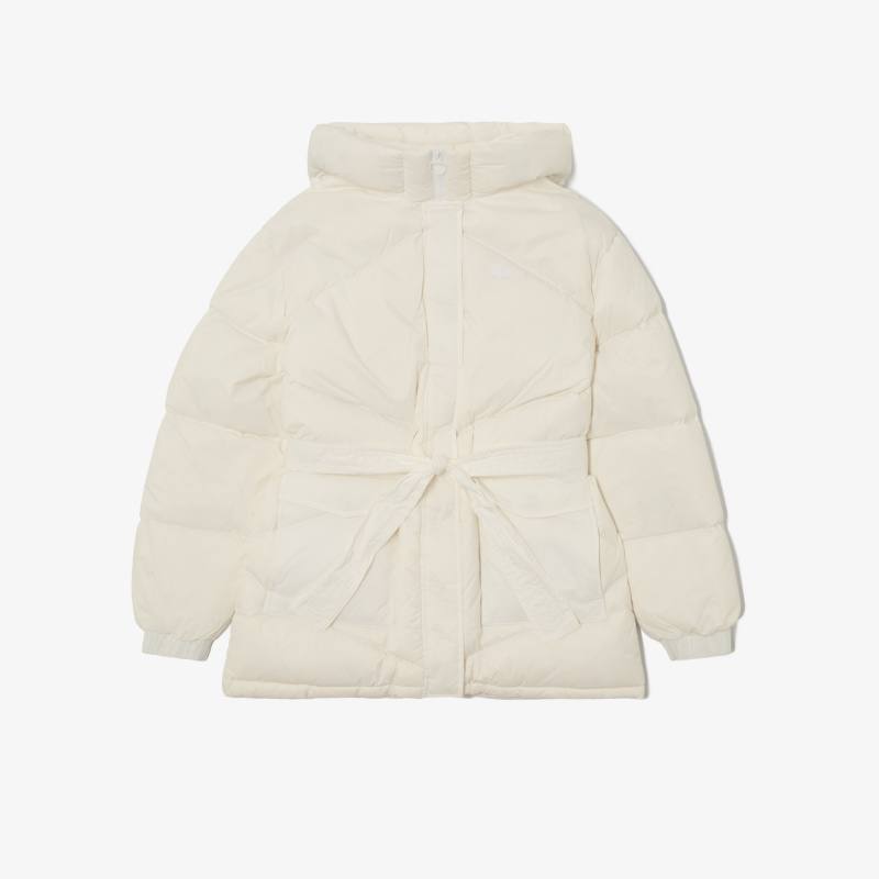 Женский короткий пуховик Lacoste с поясом и высоким воротом