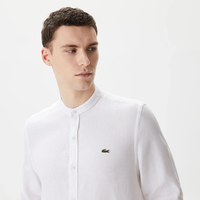 Мужская рубашка Lacoste без ворота в полоску из смеси льна
