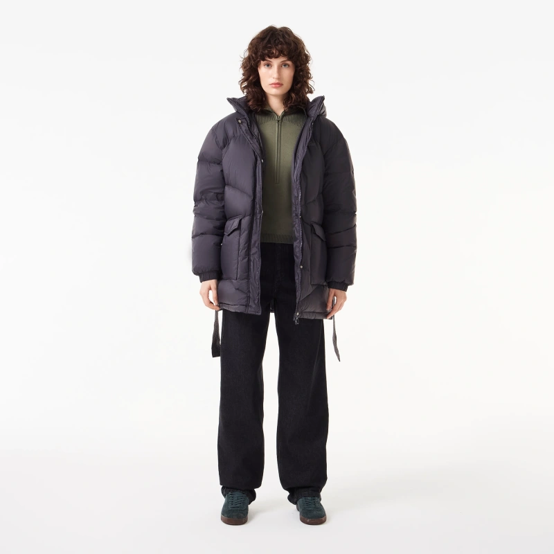 Женский короткий пуховик Lacoste с поясом и высоким воротом