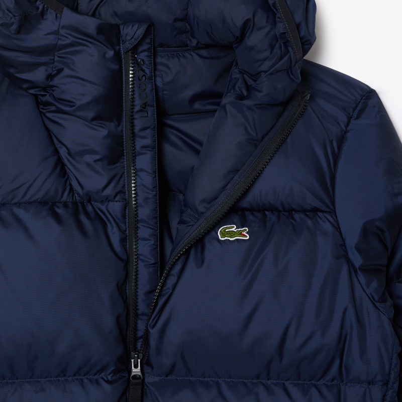 Мужской короткий влагоотталкивающий и ветроустойчивый пуховик Lacoste с капюшоном
