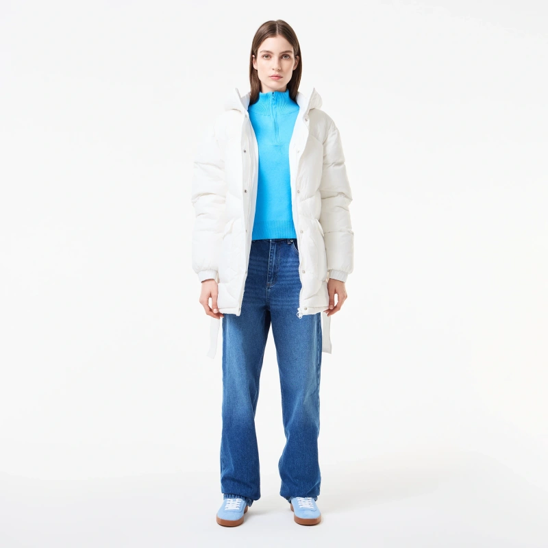 Женский короткий пуховик Lacoste с поясом и высоким воротом