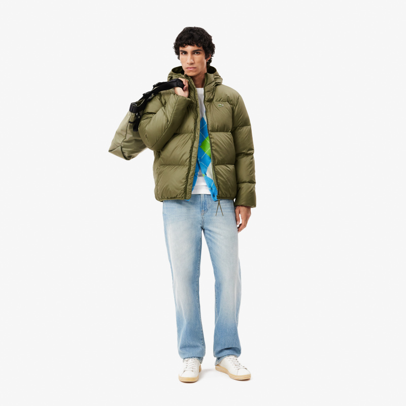 Мужской короткий влагоотталкивающий и ветроустойчивый пуховик Lacoste с капюшоном