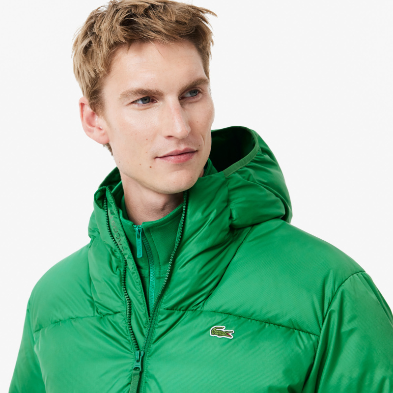 Мужской короткий влагоотталкивающий и ветроустойчивый пуховик Lacoste с капюшоном